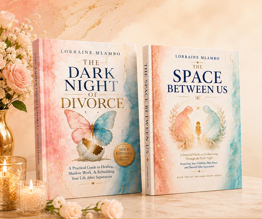 The Dark Night of Divorce and The Space Between Us hardcovers on a marble table with roses and candlelight