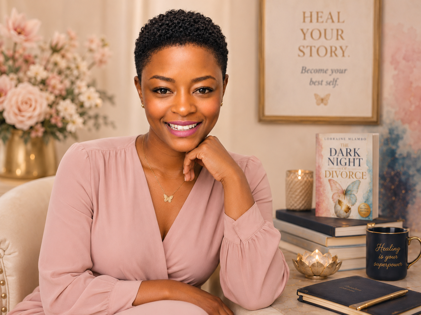 Lorraine Mlambo in a warm short-hair portrait setting with her book nearby